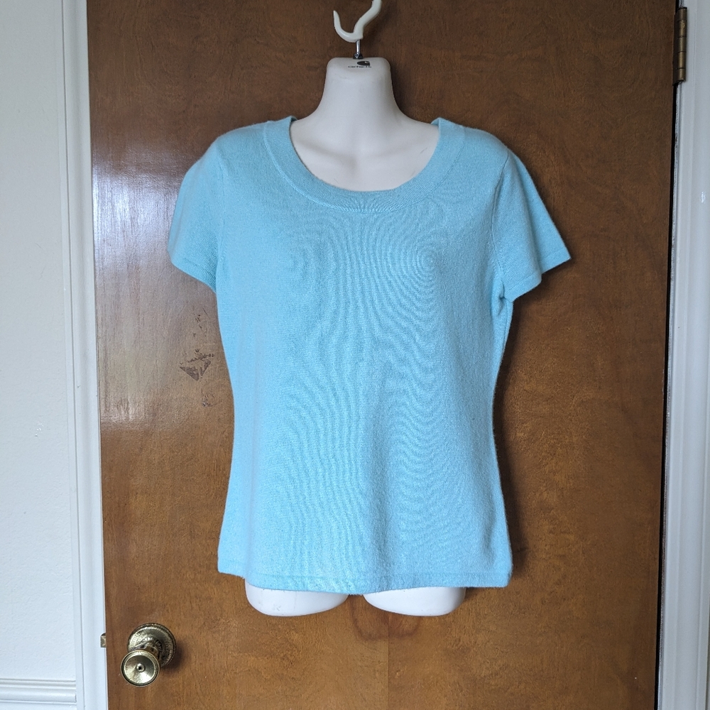 Prive Light Blue 100% Cashmere Short Sleeve Sweater Top